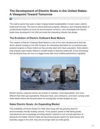 The Development of Electric Boats in the United States A Viewpoint Toward Tomorrow