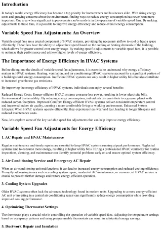 Variable Speed Fan Adjustments: Improving Energy Efficiency