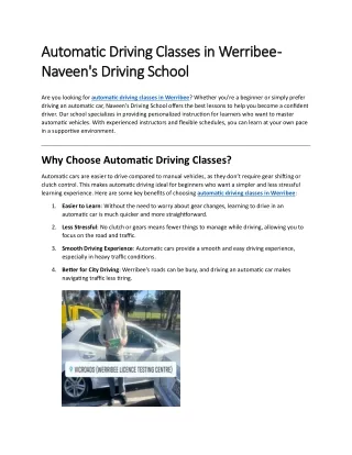 Automatic Driving Classes in Werribee - Naveen's Driving School