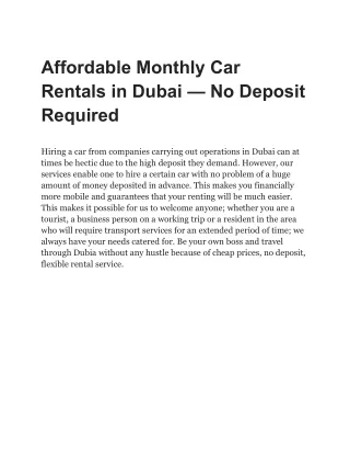 Affordable Monthly Car Rentals in Dubai — No Deposit Required