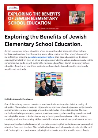 Exploring the Benefits of Jewish Elementary School Education