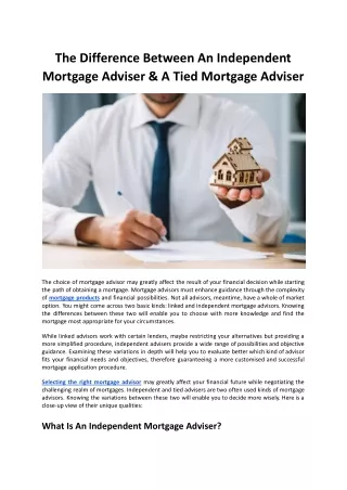 The Difference Between An Independent Mortgage Adviser & Tied Mortgage Adviser