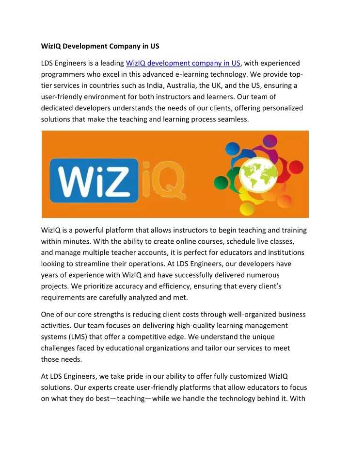 wiziq development company in us