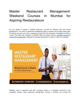 Master Restaurant Management: Weekend Courses in Mumbai for Aspiring Restaurants