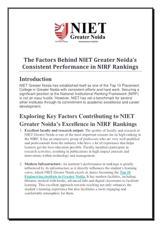 The Factors Behind NIET Greater Noida Consistent Performance in NIRF Rankings