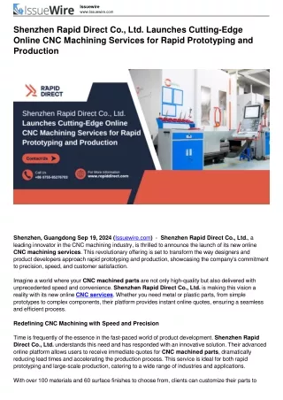 Shenzhen Rapid Direct Co., Ltd. Launches Cutting-Edge Online CNC Machining Servi