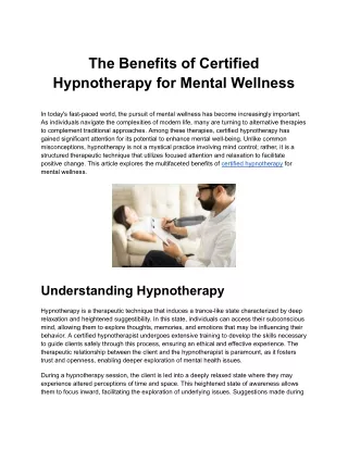 The Benefits of Certified Hypnotherapy for Mental Wellness