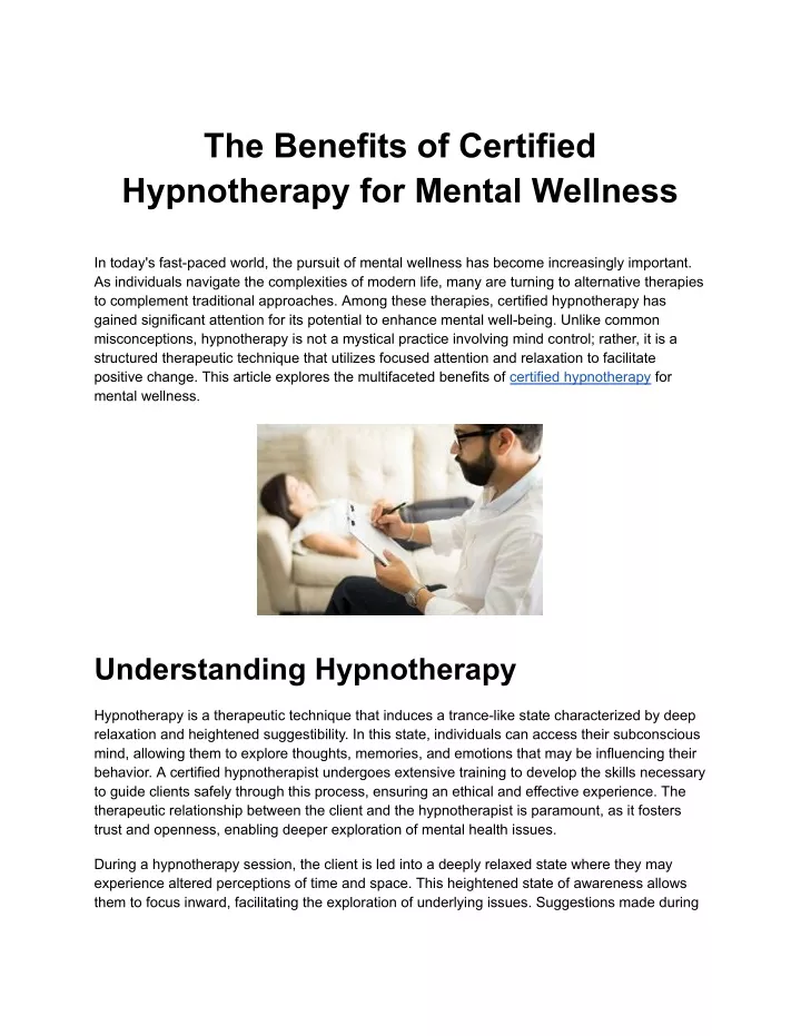 the benefits of certified hypnotherapy for mental