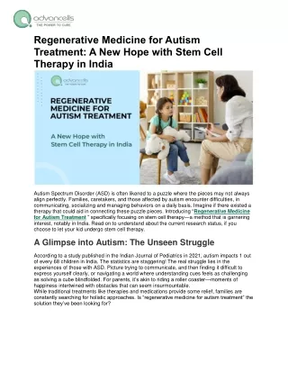 Regenerative Medicine for Autism Treatment: A New Hope with Stem Cell Therapy