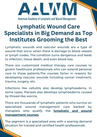 Lymphatic Wound Care Specialists in Big Demand as Top Institutes Grooming