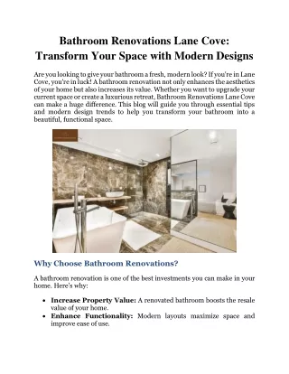 Bathroom Renovations Lane Cove: Transform Your Space with Modern Designs