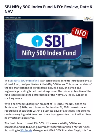SBI Nifty 500 Index Fund NFO Review, Date & NAV