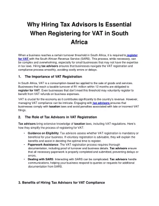 Why Hiring Tax Advisors Is Essential When Registering for VAT in South Africa
