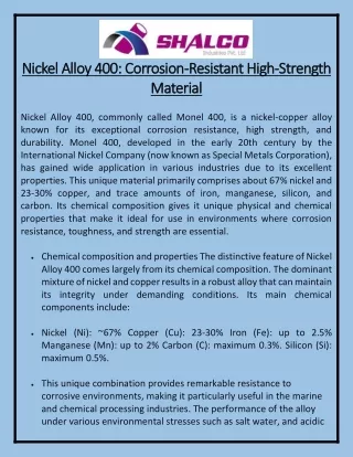 Nickel Alloy 400 Corrosion-Resistant High-Strength Material