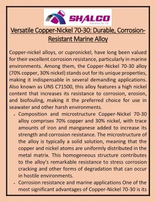 Versatile Copper Nickel 70-30 Durable, Corrosion-Resistant Marine Alloy