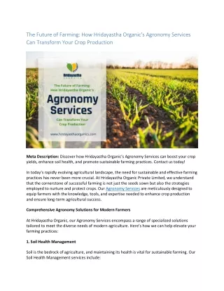 The Future of Farming How Hridayastha Organic's Agronomy Services Can Transform Your Crop Production