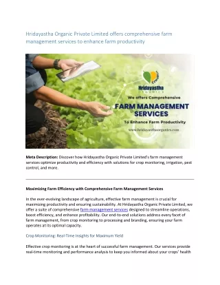 Hridayastha Organic Private Limited offers comprehensive farm management services to enhance farm productivity