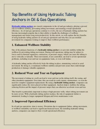 Top Benefits of Using Hydraulic Tubing Anchors in Oil & Gas Operations
