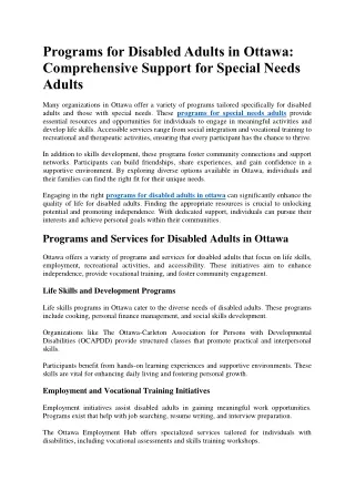 Programs for Disabled Adults in Ottawa Comprehensive Support for Special Needs Adults