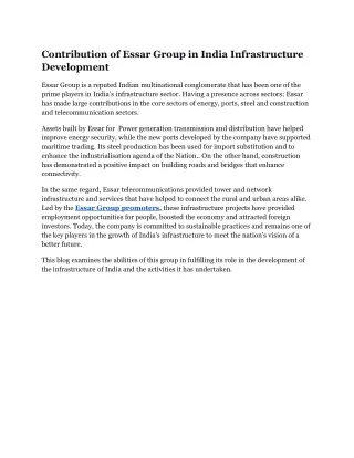 The Contribution of Essar Group in India's Infrastructure Development
