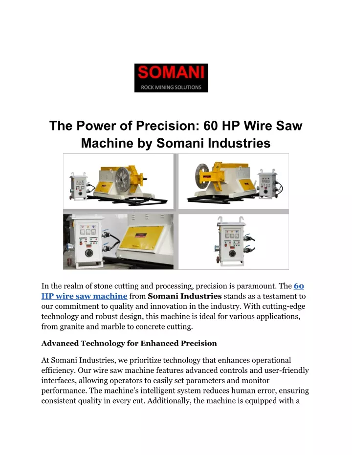 the power of precision 60 hp wire saw machine