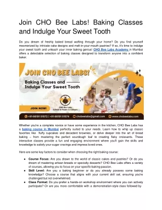 Join CHO Bee Labs! Baking Classes and Indulge Your Sweet Tooth