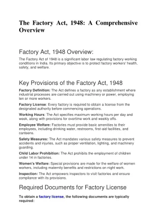 The Factory Act 1948 A Comprehensive Overview