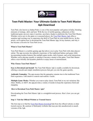 Teen Patti Master Your Ultimate Guide to Teen Patti Master Apk Download