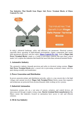 Top Industries That Benefit from Finger Safe Power Terminal Blocks of Elmex Cont