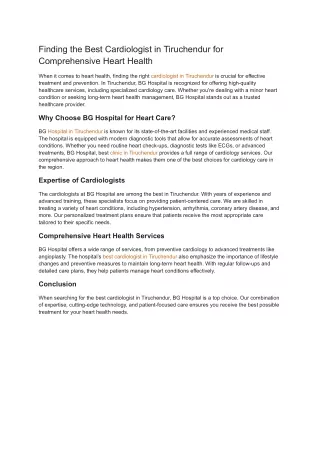Finding the Best Cardiologist in Tiruchendur for Comprehensive Heart Health