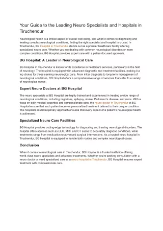 Your Guide to the Leading Neuro Specialists and Hospitals in Tiruchendur