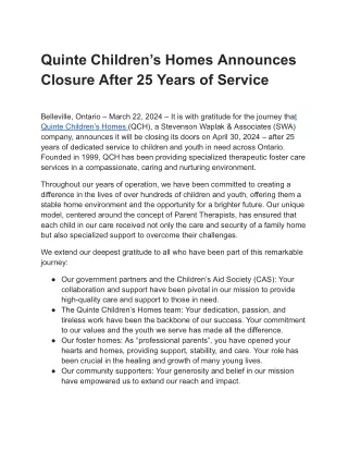 Quinte Children’s Homes Announces Closure After 25 Years of Service