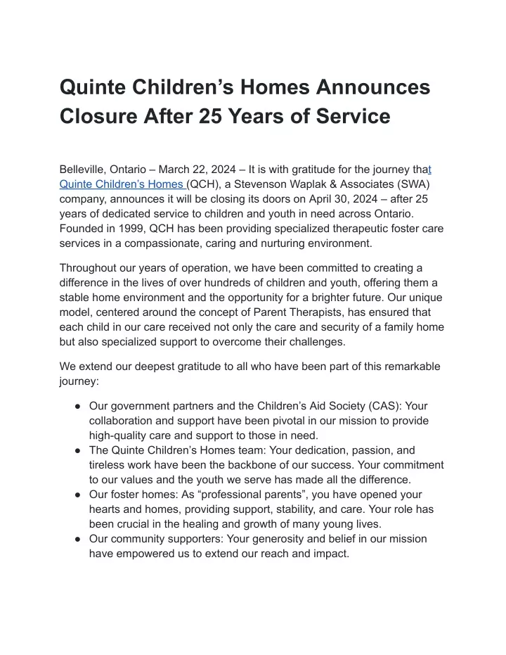 quinte children s homes announces closure after