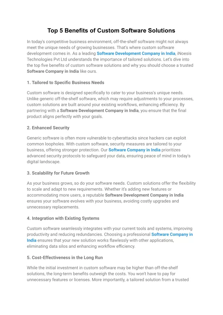 top 5 benefits of custom software solutions