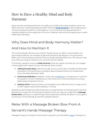 How to Have a Healthy Mind and Body Harmony