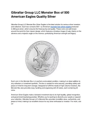 Gibraltar-Group-LLC-Monster-Box-of-500-American-Eagles-Quality-Silver