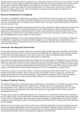 Battle Cocks: A Study of Heritage, Lifestyle, and Values