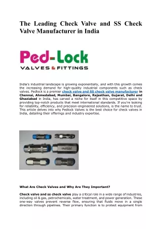 The Leading Check Valve Manufacturer in India – Pedlock