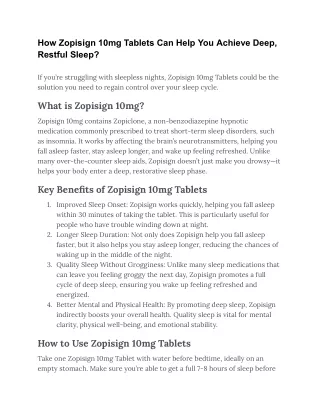 How Zopisign 10mg Tablets Can Help You Achieve Deep, Restful Sleep