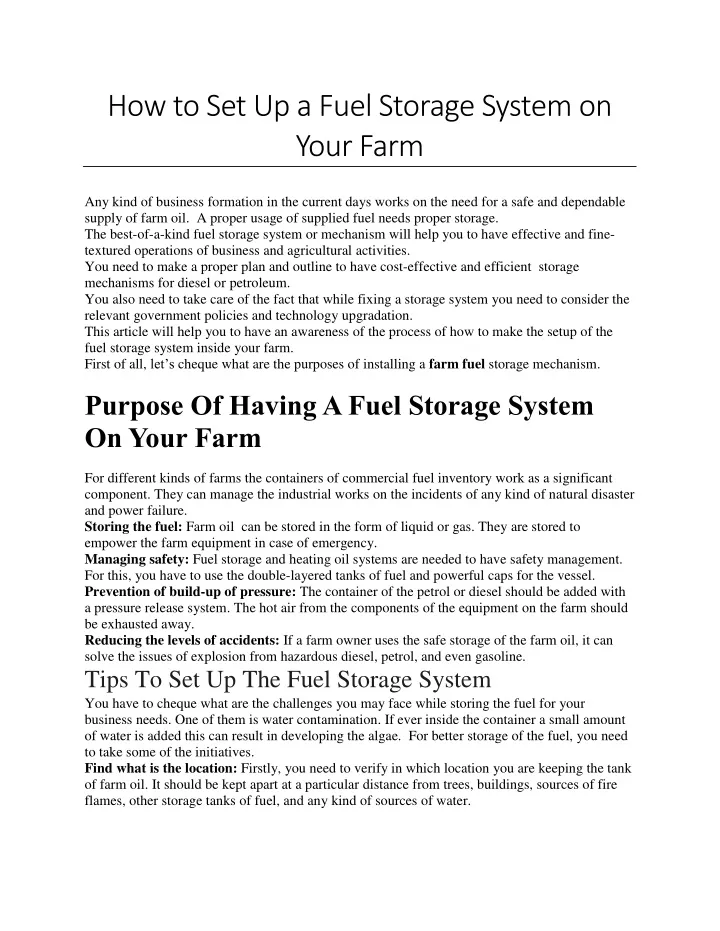 how to set up a fuel storage system on your farm