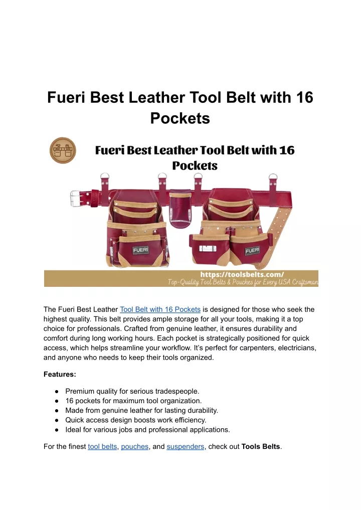 fueri best leather tool belt with 16 pockets