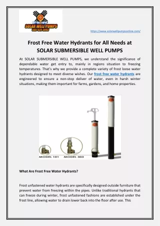 Frost Free Water Hydrants for All Needs at SOLAR SUBMERSIBLE WELL PUMPS