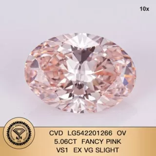 Light Pink Lab Grown Diamond 5.06ct VS1 EX CVD Diamond With Certificate