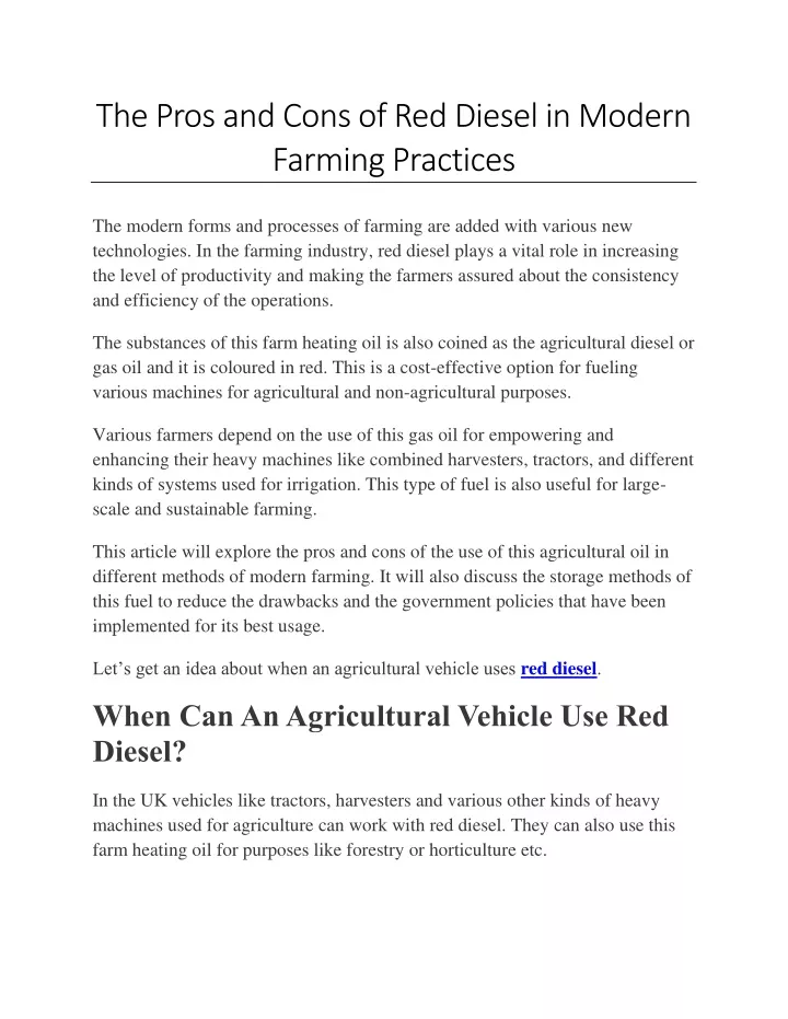 the pros and cons of red diesel in modern farming