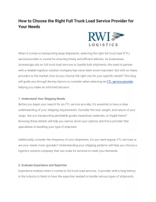 How to Choose the Right Full Truck Load Service Provider for Your Needs - RWILogistics