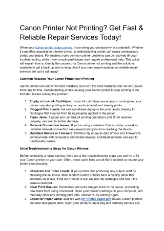 Canon Printer Not Printing? Get Fast & Reliable Repair Services Today!
