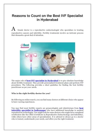 Reasons to Count on the Best IVF Specialist in Hyderabad