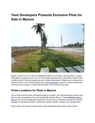 Yesh Developers Presents Exclusive Plots for Sale in Mysore