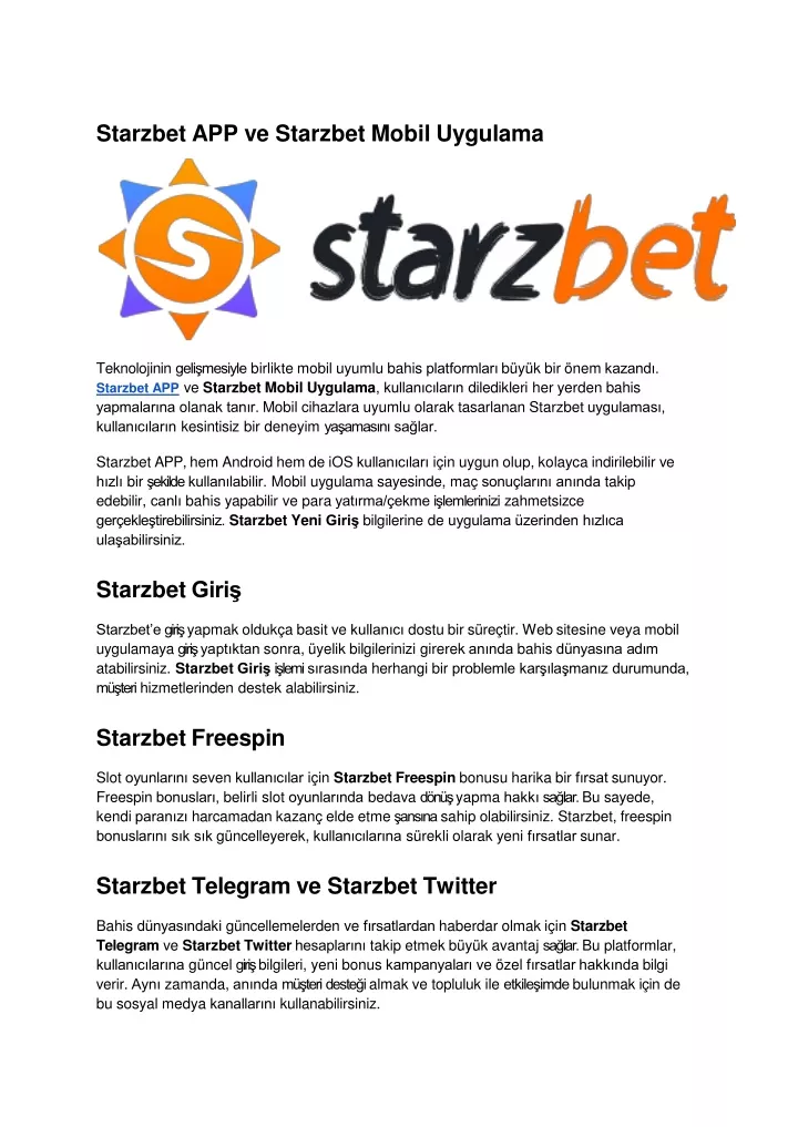 starzbet app ve starzbet mobil uygulama