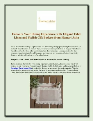 Enhance Your Dining Experience with Elegant Table Linen and Stylish Gift Baskets from Hamari Asha